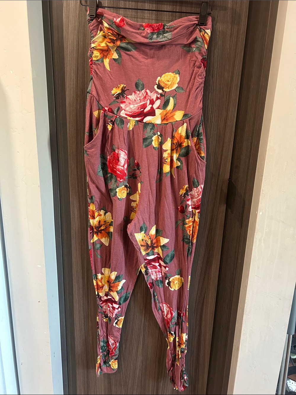 Floral Strapless Jumpsuit in Mauve with Yellow & Red Blooms